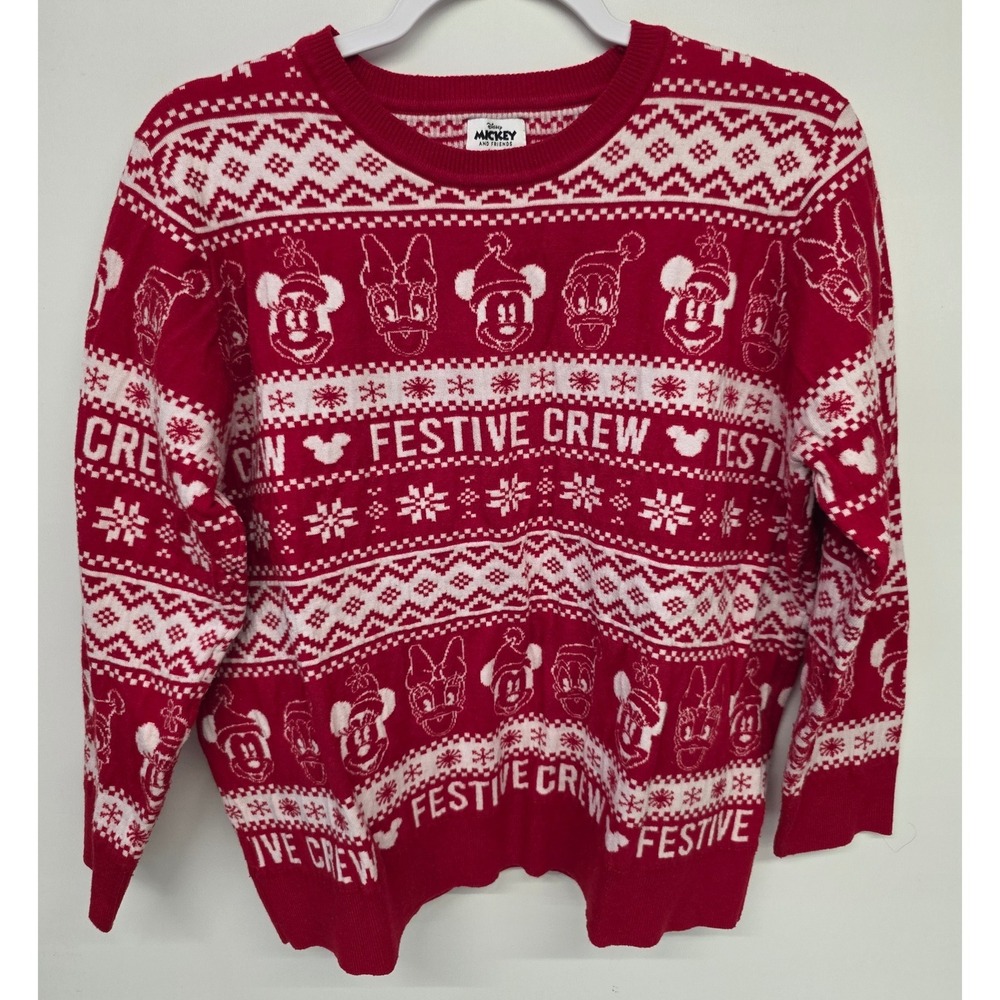 Fair Isle Holiday Disney Mickey Knit Sweater Women XL Red White Christmas Ugly